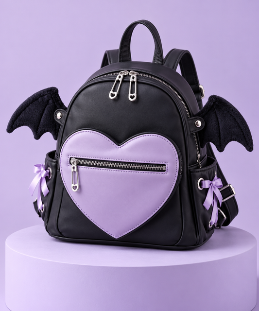 Black Yami Kawaii mini backpack with lavender heart pocket and bat wing details