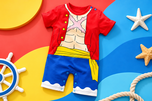 Vibrant front view of the Luffy-inspired baby romper on a colorful coral, yellow, and blue background
