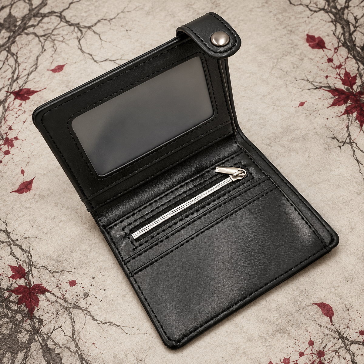 Open Leather Death Note Wallet showing interior card slots, clear ID window, and zipper