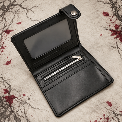 Open Leather Death Note Wallet showing interior card slots, clear ID window, and zipper
