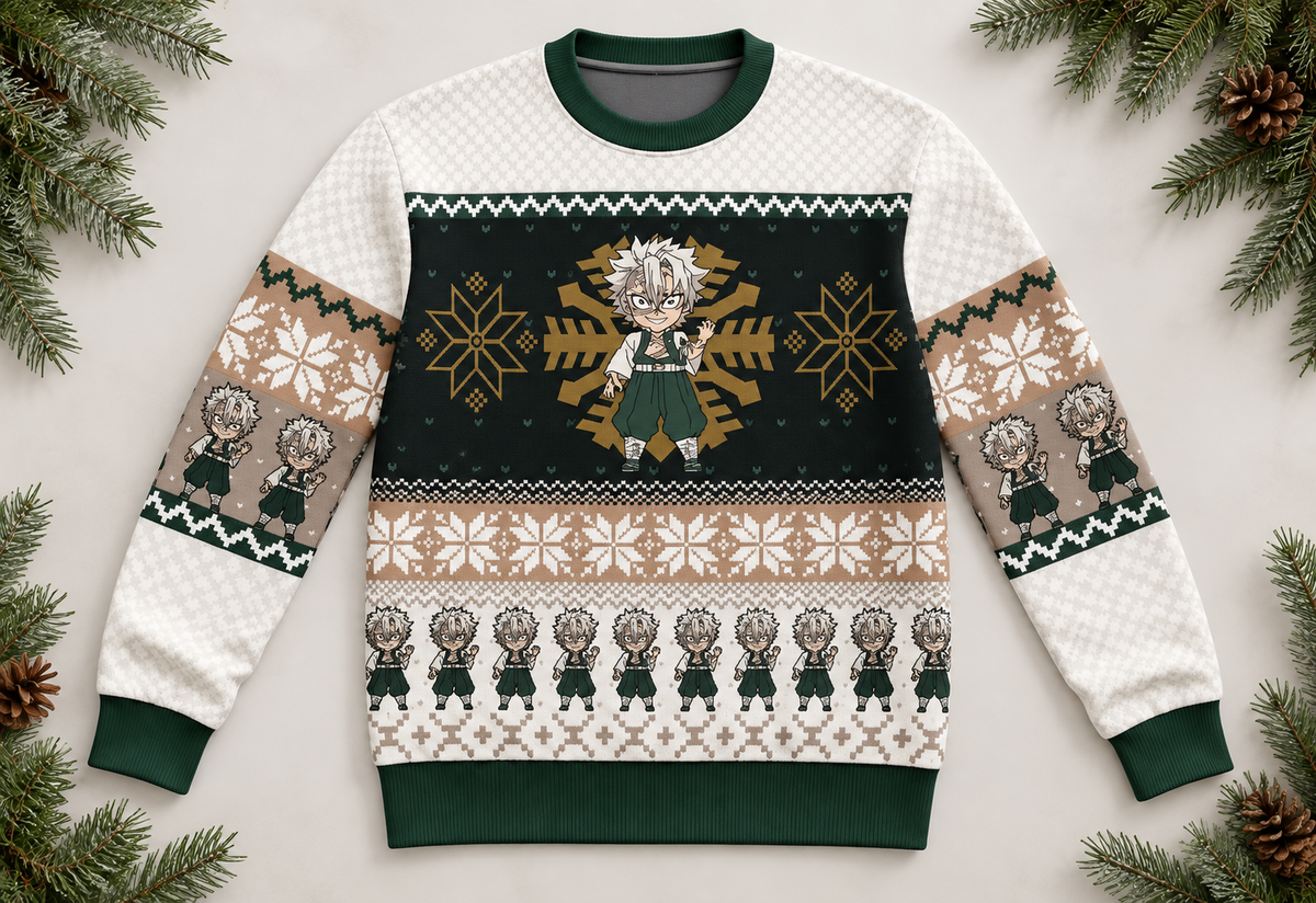 Sanemi sweater arranged in a professional holiday flat lay