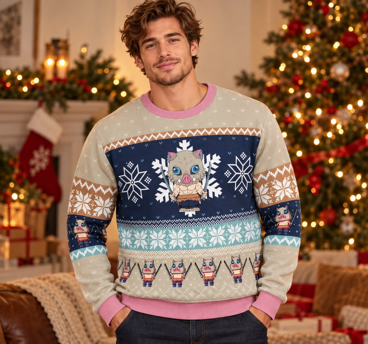 Inosuke sweater worn in a professional holiday studio photoshoot