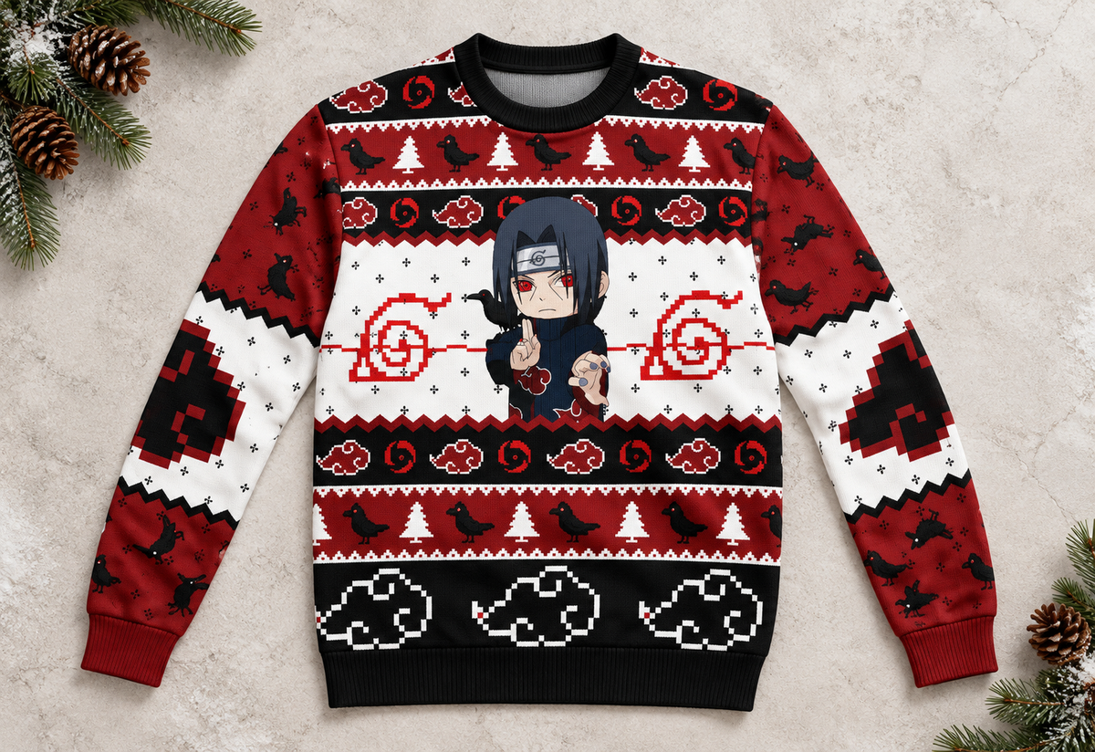 Itachi sweater arranged in a professional holiday flat lay