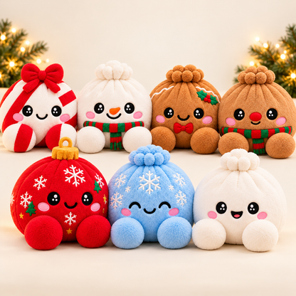 All seven Christmas Dumpling Squishy Plush styles arranged together