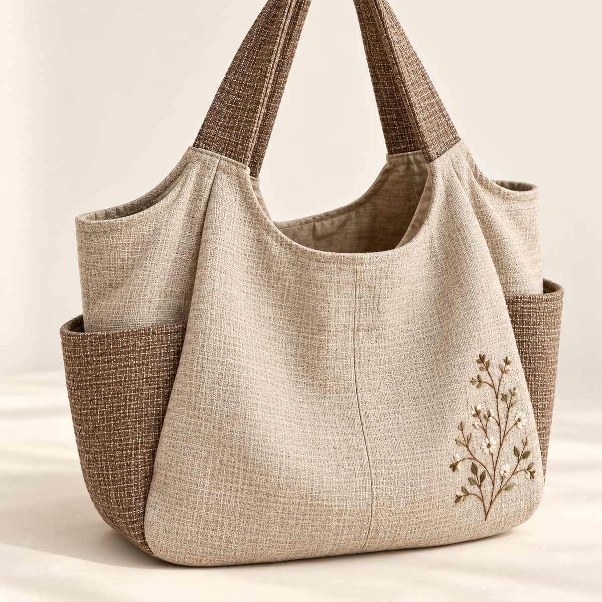 Angled view of woven-look Mori Kei tote and handle