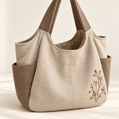Angled view of woven-look Mori Kei tote and handle