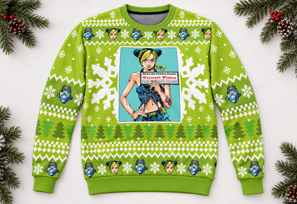 Jolyne Cujoh sweater arranged in a professional holiday flat lay