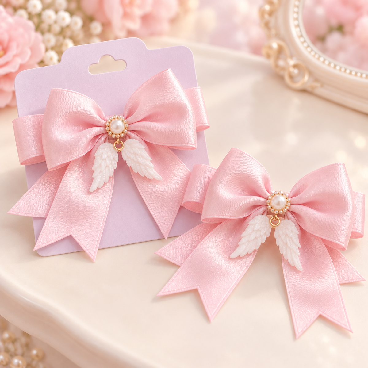 Detailed display view of the pink pearl and angel wing ribbon clips