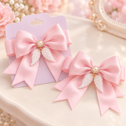 Detailed display view of the pink pearl and angel wing ribbon clips