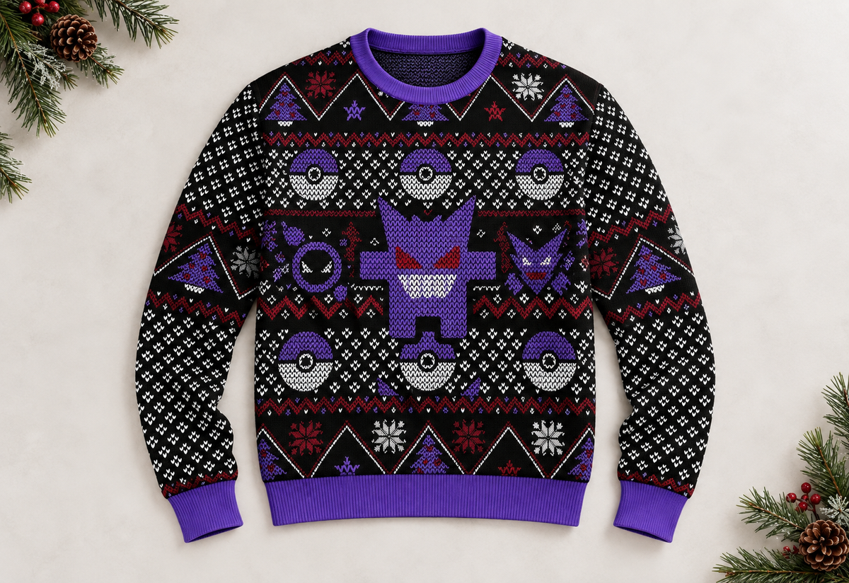 Gengar sweater arranged in a professional holiday flat lay