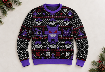 Gengar sweater arranged in a professional holiday flat lay