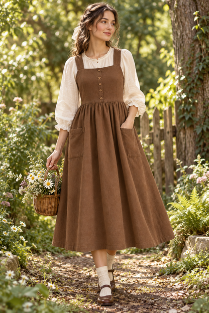 Mori Kei pinafore dress styled over a cream blouse in the woods