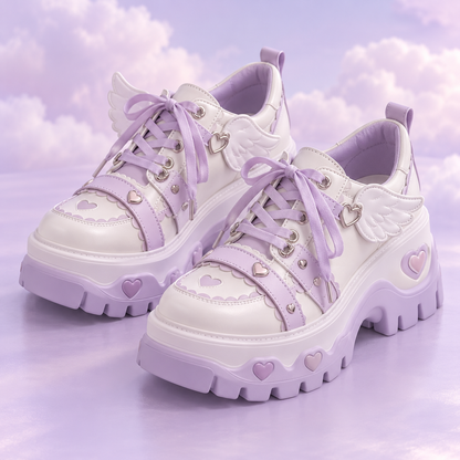 Pair of lavender and ivory Tenshi Kawaii angel detail platform shoes