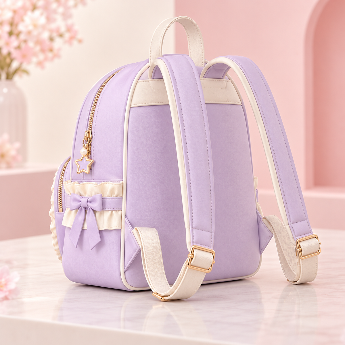 Rear view of the lavender angel wing mini backpack and its straps