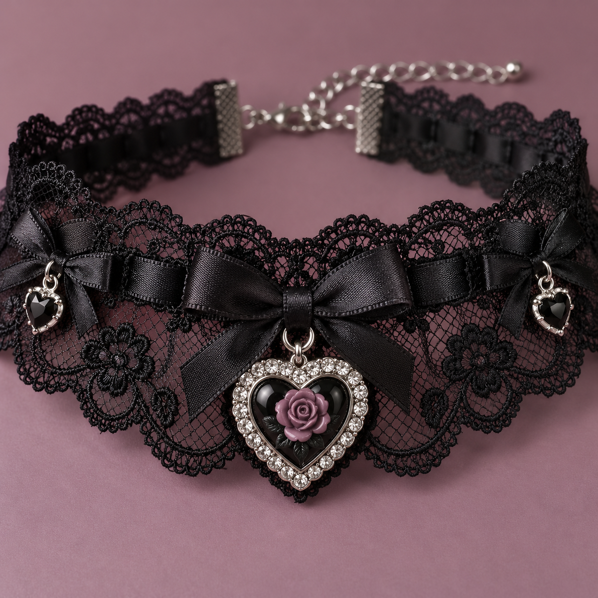 Close-up of black lace choker with heart and rose detail