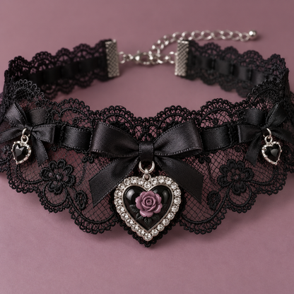 Close-up of black lace choker with heart and rose detail