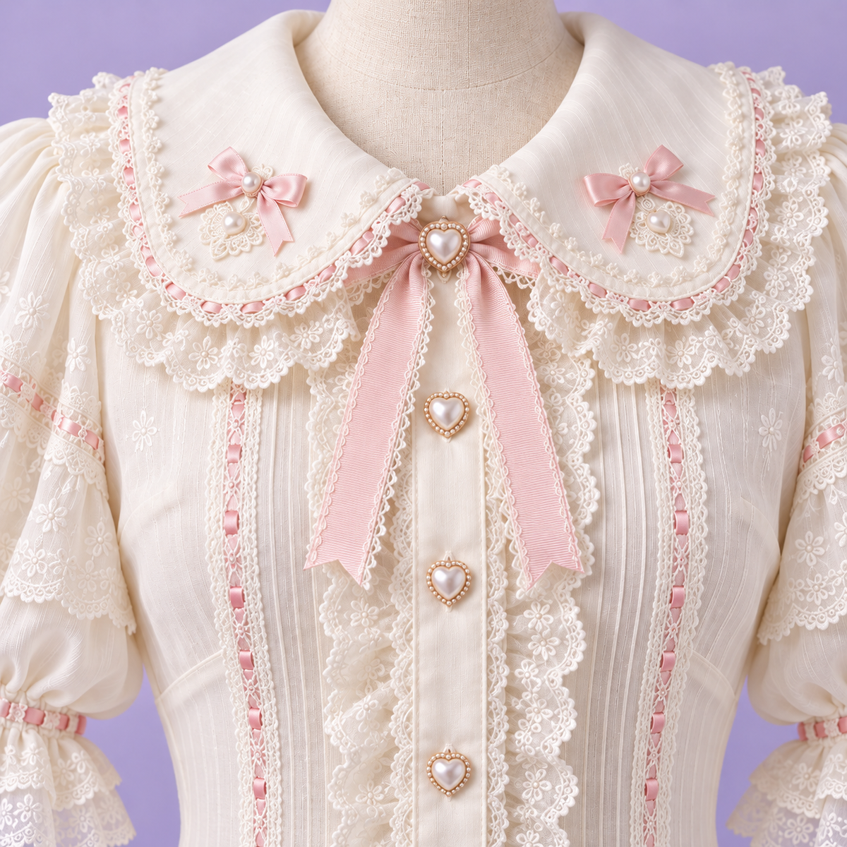 Close detail of lace collar and ribbon on ivory Harajuku blouse