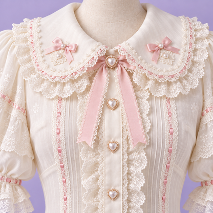 Close detail of lace collar and ribbon on ivory Harajuku blouse
