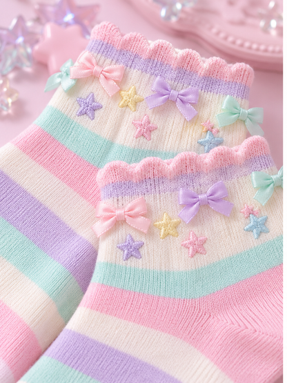 Close detail of pastel striped ankle socks with scalloped cuffs and bows