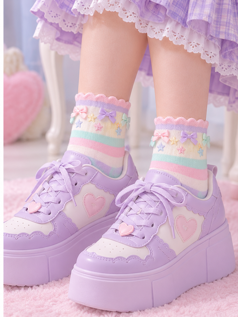 Candy-striped Fairy Kei socks styled with lavender platform sneakers