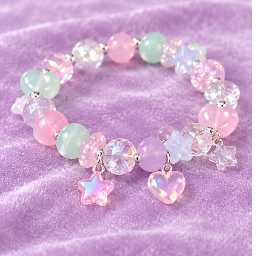 Close detail of the pastel bracelet's translucent beads and heart and star charms