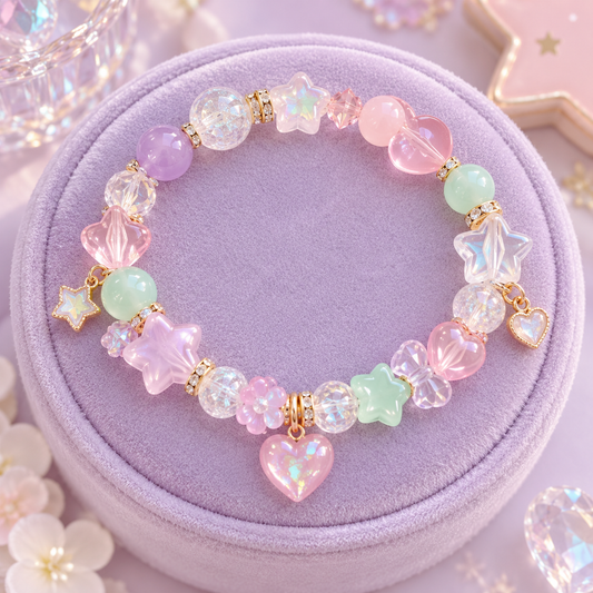 Pastel bead Fairy Kei bracelet with small star and heart charms