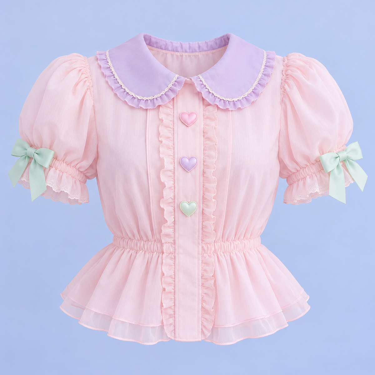 Pink Fairy Kei puff-sleeve blouse with lilac collar, mint bows, and heart appliqués
