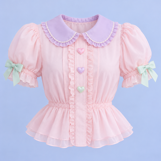 Pink Fairy Kei puff-sleeve blouse with lilac collar, mint bows, and heart appliqués