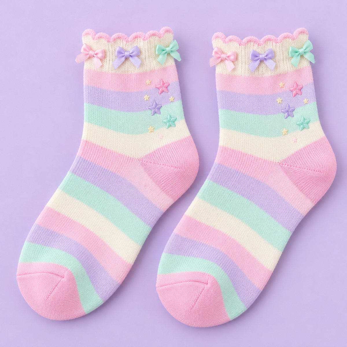 Pastel candy-striped Fairy Kei ankle socks with scalloped cuffs, bows, and stars
