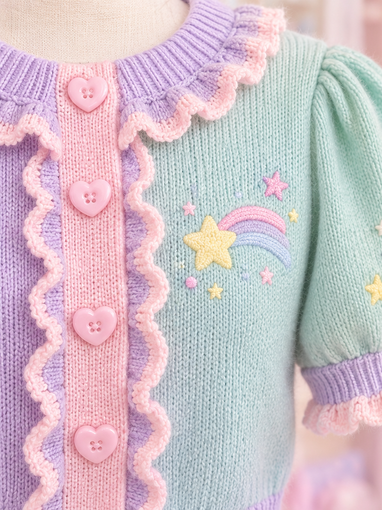 Close detail of the pastel Fairy Kei cardigan's knit texture and star embroidery