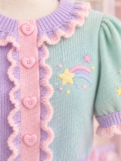 Close detail of the pastel Fairy Kei cardigan's knit texture and star embroidery