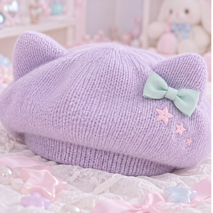 Close detail of the lavender cat-ear beret's knit, mint bow, and star embroidery