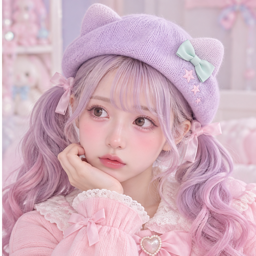 Lavender Fairy Kei cat-ear beret styled with pastel twin tails