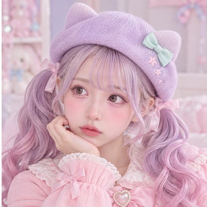Lavender Fairy Kei cat-ear beret styled with pastel twin tails