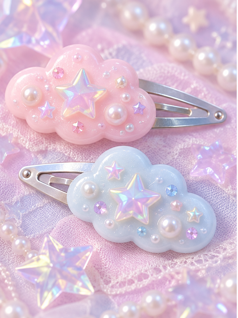 Close detail of the pink and blue cloud clips with star accents