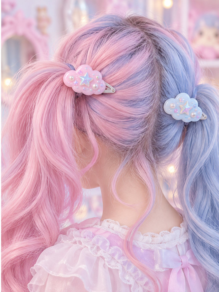 Pastel cloud clips styled in twin-tail hair