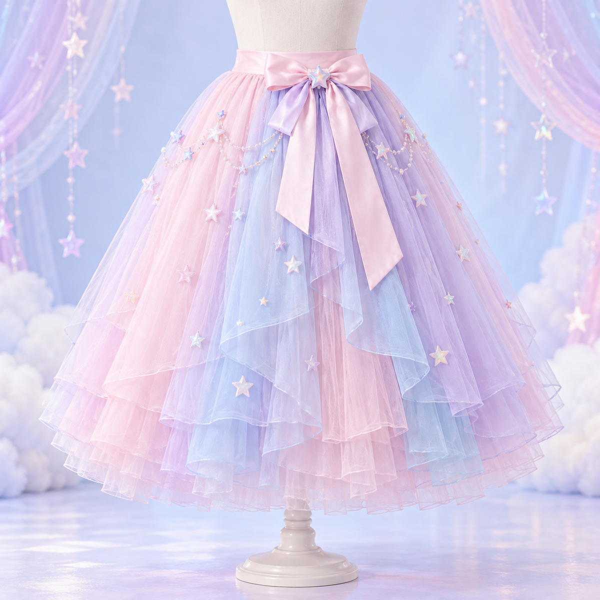 Layered pink, lilac, and blue Fairy Kei tulle skirt with satin bow