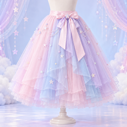 Layered pink, lilac, and blue Fairy Kei tulle skirt with satin bow