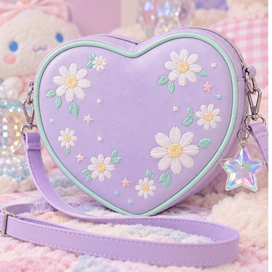 Close detail of the Fairy Kei heart bag's daisy embroidery and star charm