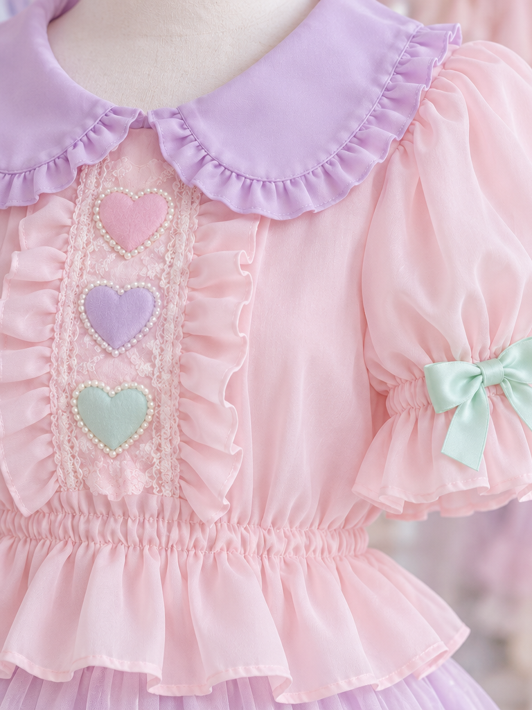 Close detail of the pink Fairy Kei blouse's collar and heart accents