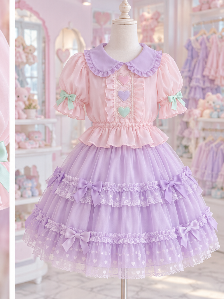 Pink Fairy Kei puff-sleeve blouse styled with a lavender skirt