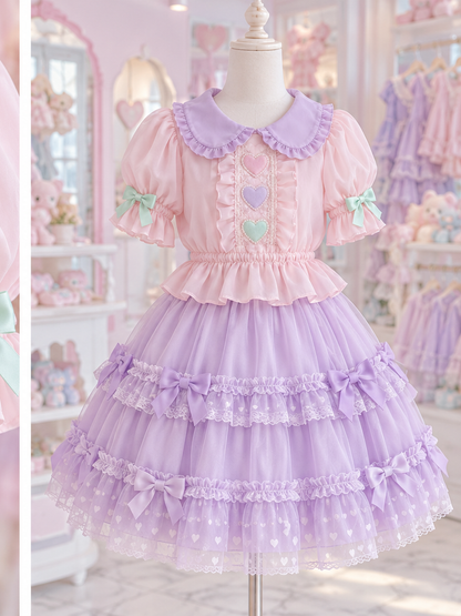 Pink Fairy Kei puff-sleeve blouse styled with a lavender skirt
