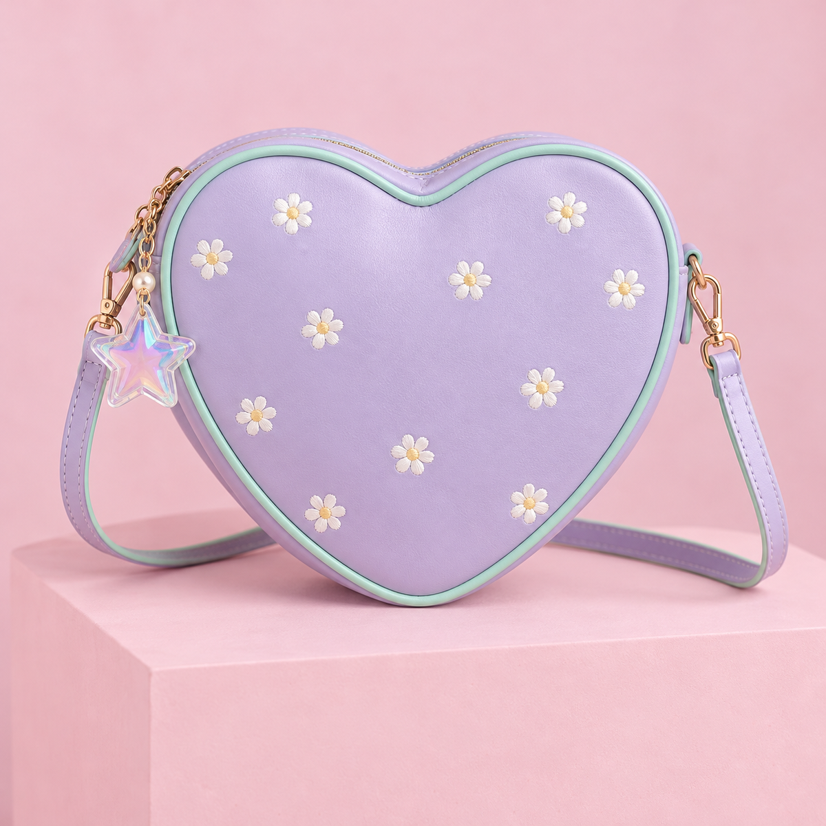 Lavender heart crossbody bag with mint trim, daisies, and star charm