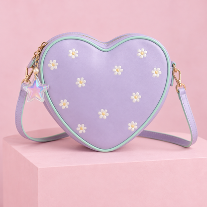 Lavender heart crossbody bag with mint trim, daisies, and star charm