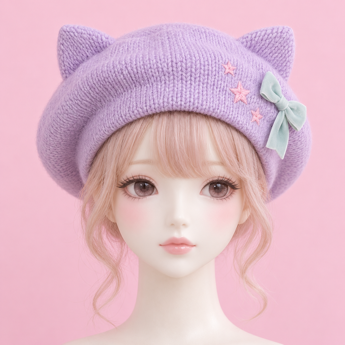 Lavender Fairy Kei beret with cat ears, mint bow, and pink stars