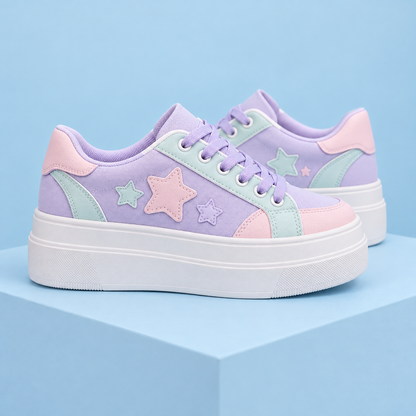 Lavender Fairy Kei platform sneakers with pastel panels and star patches