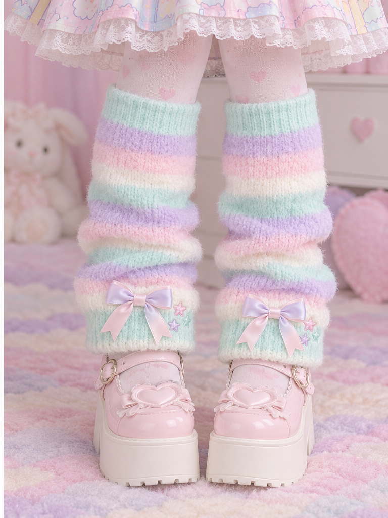 Fairy Kei leg warmers styled over tights with platform shoes
