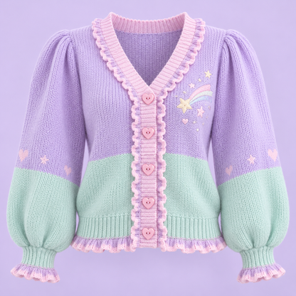 Mint and lavender Fairy Kei cardigan with pink heart buttons