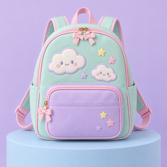 Mint and lilac Fairy Kei mini backpack with cloud patches and pink bow pulls