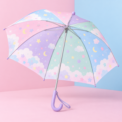 Pastel panel Fairy Kei umbrella with cloud and star motifs